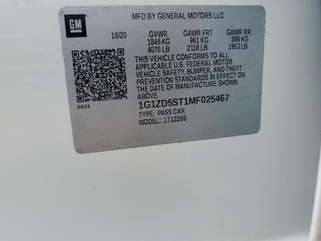 1G1ZD5ST1MF025467 - 2021 CHEVROLET MALIBU LT WHITE photo 12