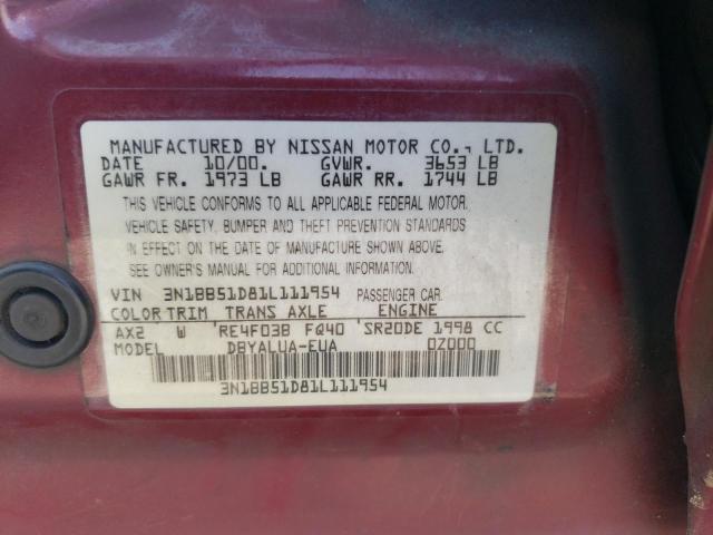 3N1BB51D81L111954 - 2001 NISSAN SENTRA SE BURGUNDY photo 12