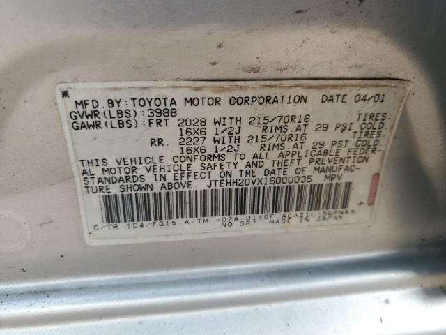 JTEHH20VX16000035 - 2001 TOYOTA RAV4 SILVER photo 12