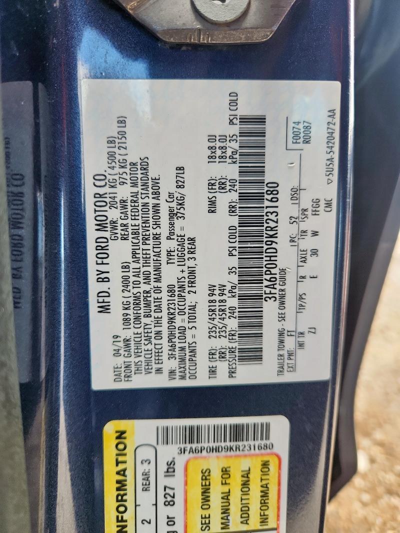 3FA6P0HD9KR231680 - 2019 FORD FUSION SE Mavi foto 13