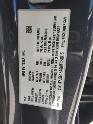 5YJ3E1EA0MF028815 - 2021 TESLA MODEL 3 GRAY photo 12