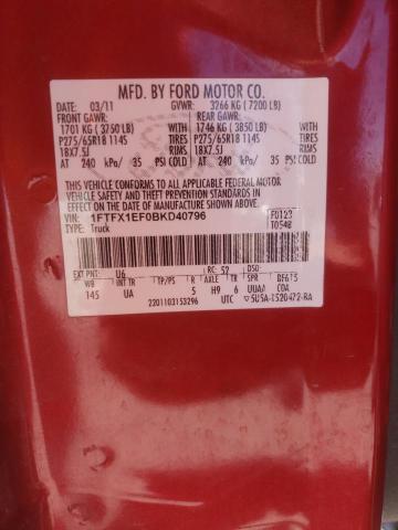 1FTFX1EF0BKD40796 - 2011 FORD F150 SUPER CAB RED photo 12