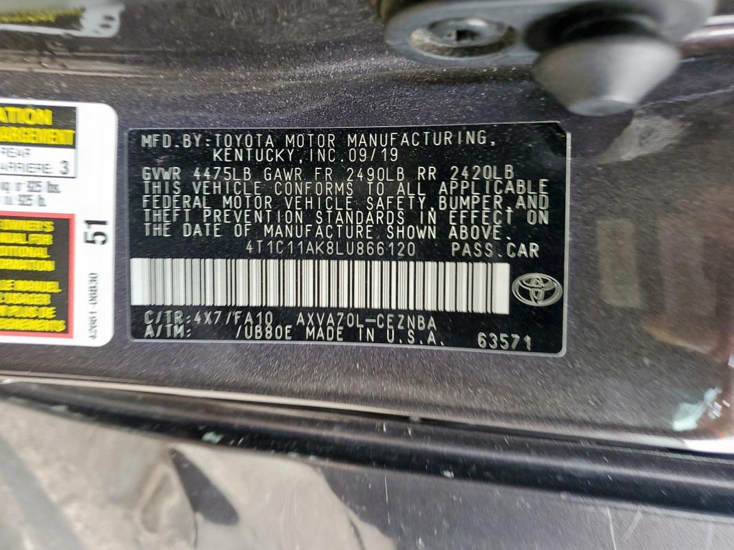 4T1C11AK8LU866120 - 2020 TOYOTA CAMRY LE GRAY photo 13