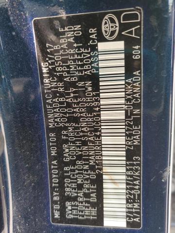 2T1BURHE4JC014931 - 2018 TOYOTA COROLLA L 蓝色 照片 12