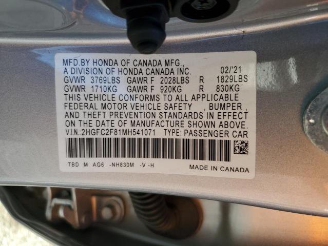2HGFC2F81MH541071 - 2021 HONDA CIVIC SPORT ვერცხლისფერი ფოტო 12