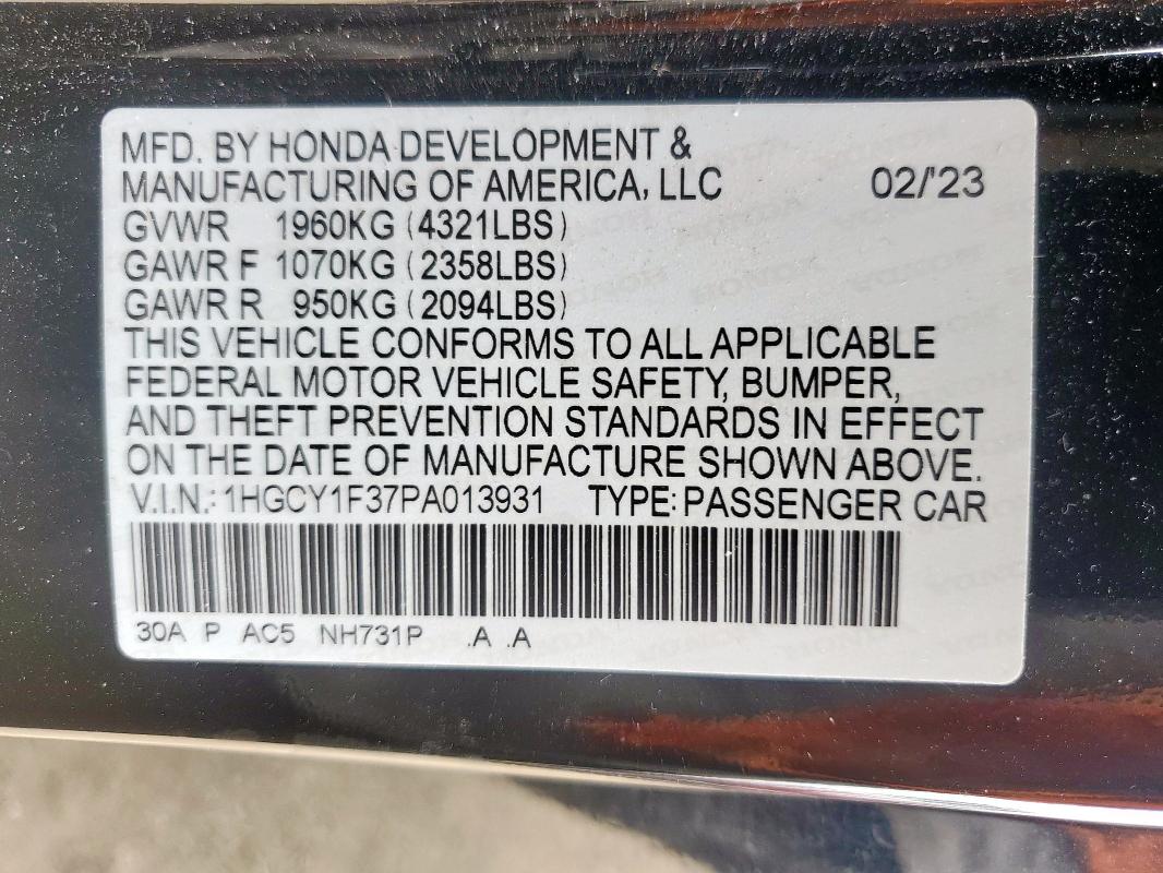 1HGCY1F37PA013931 - 2023 HONDA ACCORD EX შავი ფოტო 12