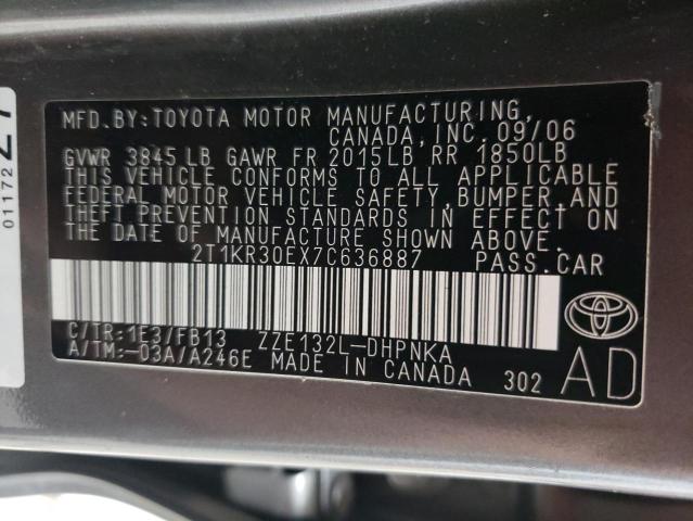 2T1KR30EX7C636887 - 2007 TOYOTA COROLLA MA XR GRAY photo 12