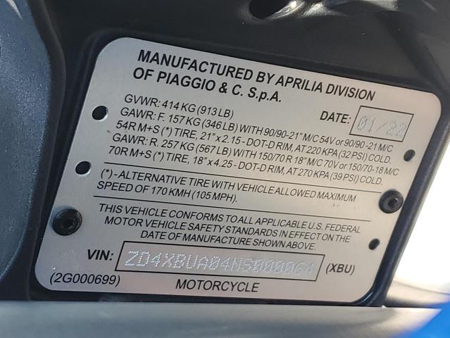 ZD4XBUA04NS000064 - 2022 APRILIA TUAREG 660 BLUE photo 10