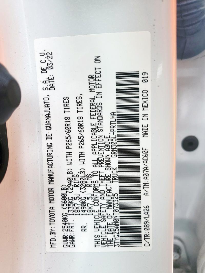 3TYGZ5AN0NT073325 - 2022 TOYOTA TACOMA DOUBLE CAB WHITE photo 12