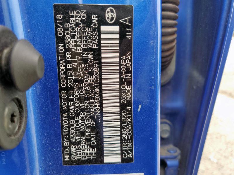 JTNKHMBX4K1023891 - 2019 TOYOTA C-HR XLE BLUE photo 12