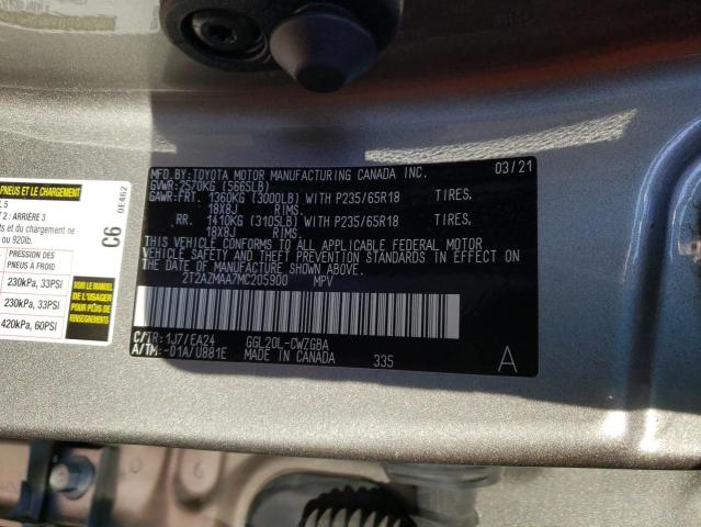 2T2AZMAA7MC205900 - 2021 LEXUS RX 350 BASE GRAY photo 10