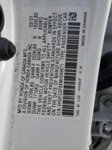 2HGFC2F8XMH549671 - 2021 HONDA CIVIC SPORT თეთრი ფოტო 12