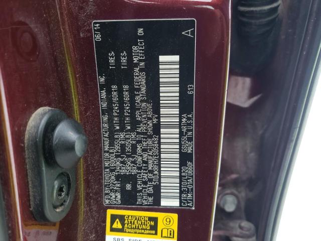 5TDJKRFH7ES058482 - 2014 TOYOTA HIGHLANDER XLE BURGUNDY photo 12