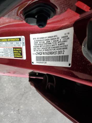 2HGFA16596H513012 - 2006 HONDA CIVIC LX BURGUNDY photo 12