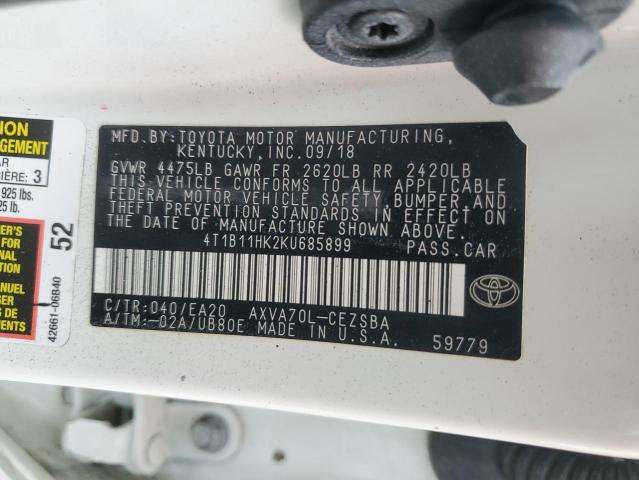 4T1B11HK2KU685899 - 2019 TOYOTA CAMRY L WHITE photo 12