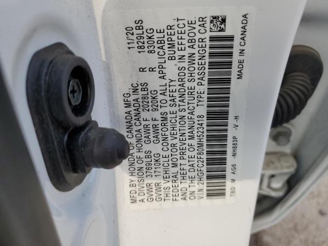2HGFC2F80MH523418 - 2021 HONDA CIVIC SPORT 白色 照片 12