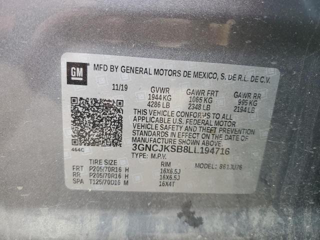 3GNCJKSB8LL194716 - 2020 CHEVROLET TRAX LS GRAY photo 12