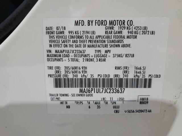 MAJ6P1UL7JC233637 - 2018 FORD ECOSPORT SE WHITE photo 13