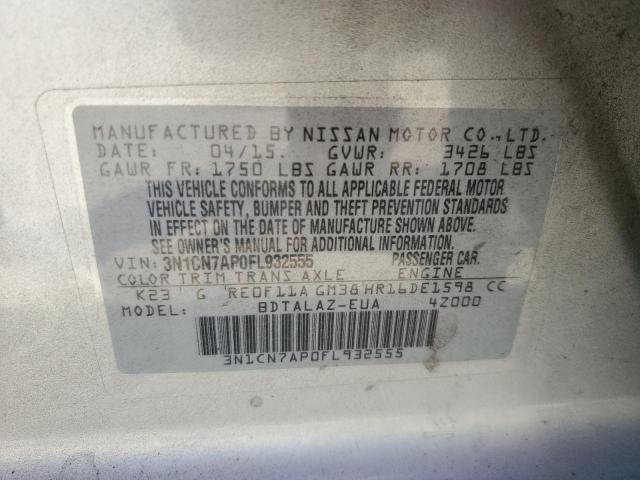 3N1CN7AP0FL932555 - 2015 NISSAN VERSA S SILVER photo 12