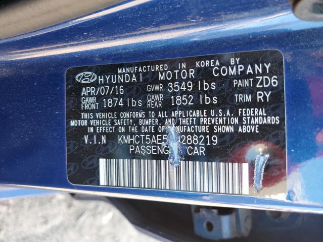 KMHCT5AE5GU288219 - 2016 HYUNDAI ACCENT SE BLUE photo 12