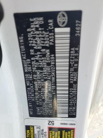 4T1B11HK5KU278594 - 2019 TOYOTA CAMRY L 白色 照片 12