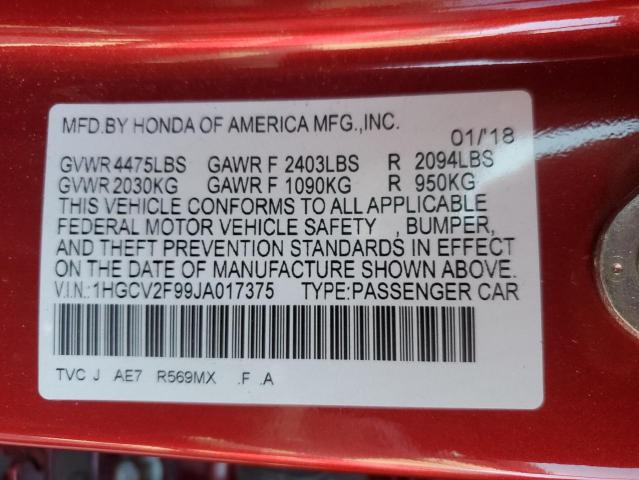 1HGCV2F99JA017375 - 2018 HONDA ACCORD TOURING 红色 照片 12