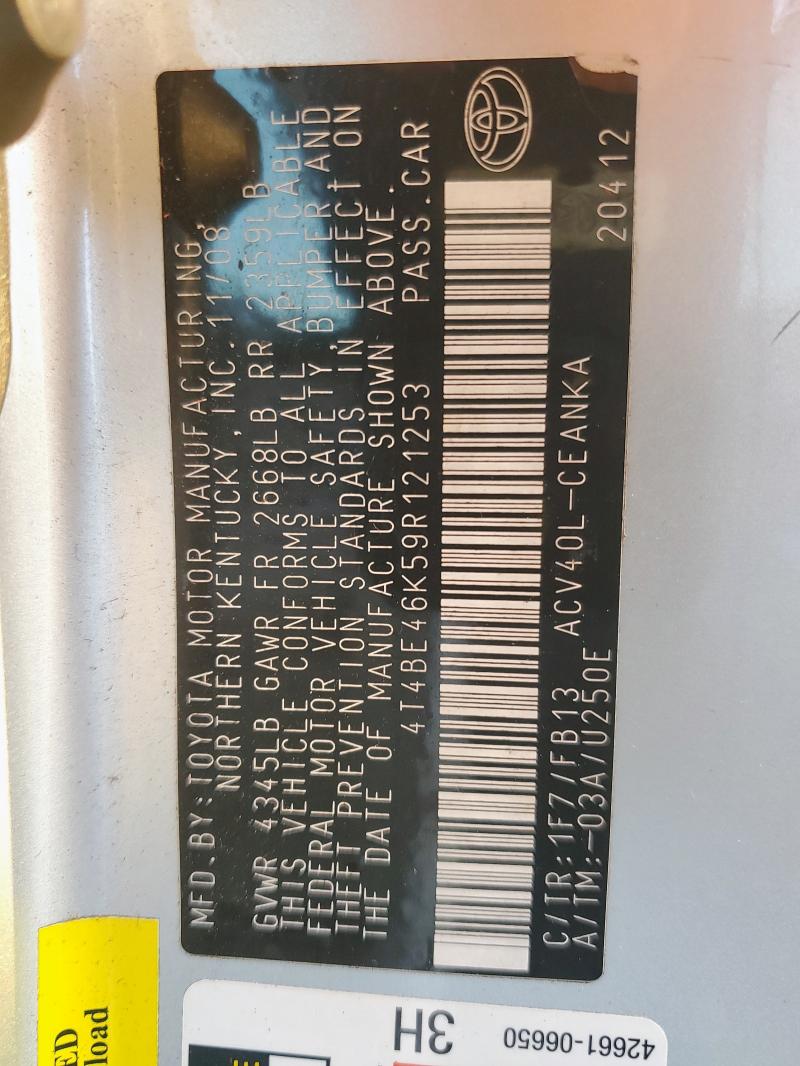 4T4BE46K59R121253 - 2009 TOYOTA CAMRY BASE SILVER photo 12