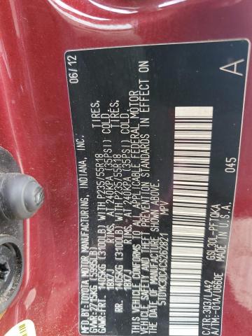 5TDYK3DC4CS262821 - 2012 TOYOTA SIENNA XLE 勃艮第红 照片 13
