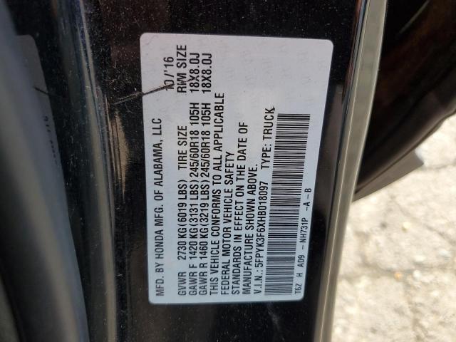 5FPYK3F6XHB018097 - 2017 HONDA RIDGELINE RTL შავი ფოტო 12