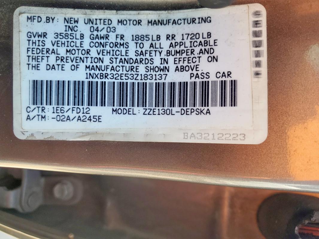 1NXBR32E53Z183137 - 2003 TOYOTA COROLLA CE GRAY photo 12