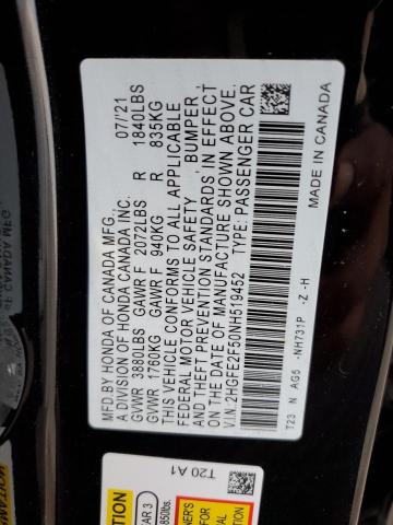 2HGFE2F50NH519452 - 2022 HONDA CIVIC SPORT 黑色 照片 12