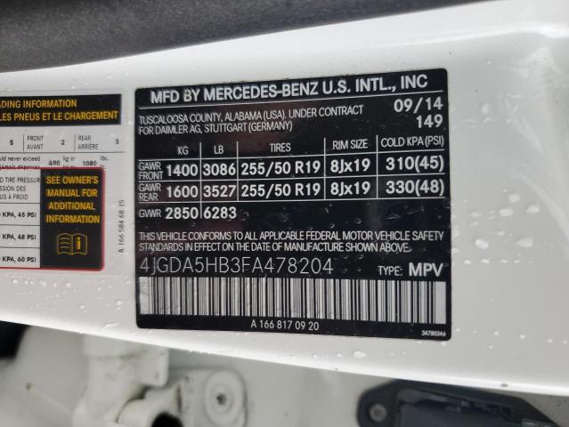 4JGDA5HB3FA478204 - 2015 MERCEDES-BENZ ML 350 4MATIC WHITE photo 13