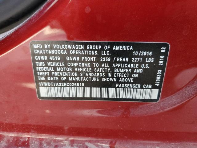 1VWDT7A32HC026519 - 2017 VOLKSWAGEN PASSAT R-LINE Bordo foto 12