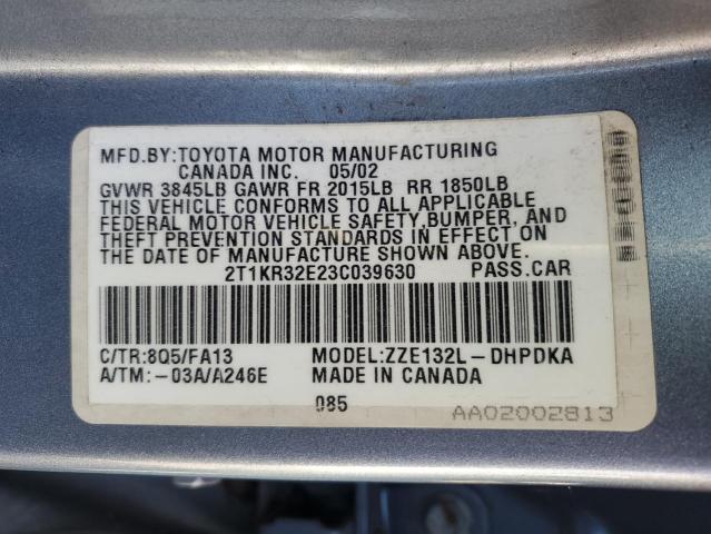 2T1KR32E23C039630 - 2003 TOYOTA COROLLA MA XR SILVER photo 12