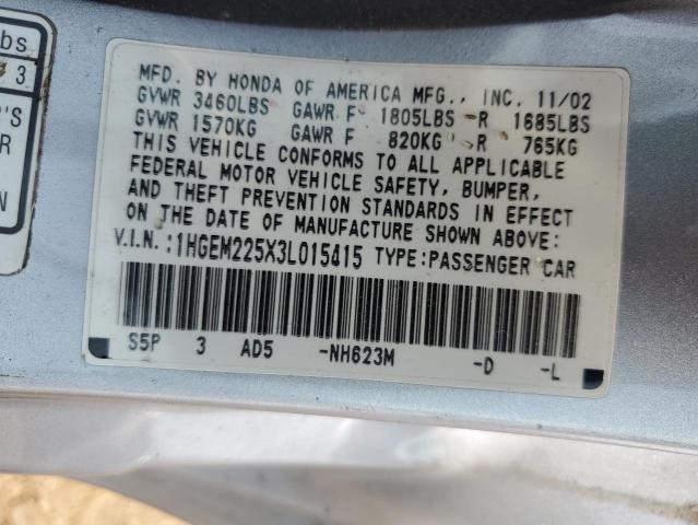 1HGEM225X3L015415 - 2003 HONDA CIVIC LX SILVER photo 13