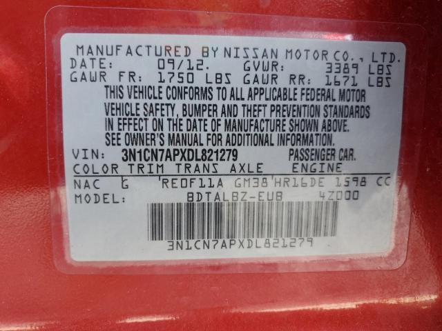 3N1CN7APXDL821279 - 2013 NISSAN VERSA S RED photo 12