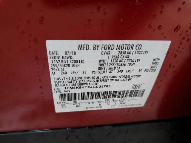 1FM5K8HTXJGC38763 - 2018 FORD EXPLORER PLATINUM RED photo 10