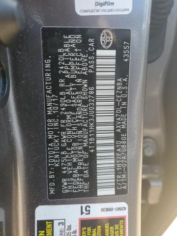 4T1B11HK3JU032786 - 2018 TOYOTA CAMRY L 灰色 照片 12