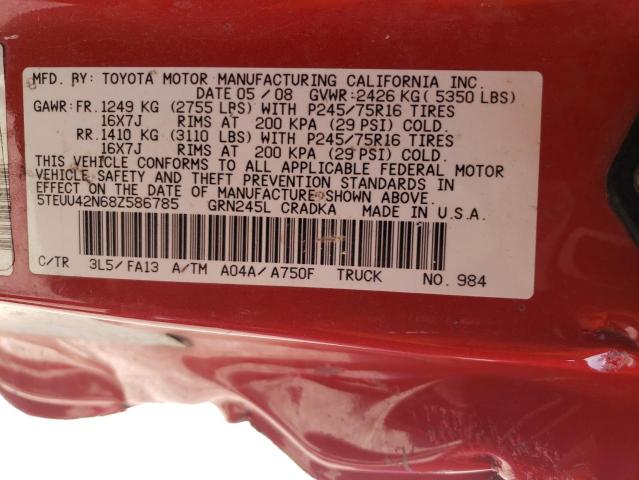 5TEUU42N68Z586785 - 2008 TOYOTA TACOMA ACCESS CAB წითელი ფოტო 12