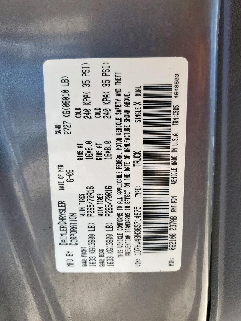 1D7HW48N36S714975 - 2006 DODGE DAKOTA QUAD SLT GRAY photo 12
