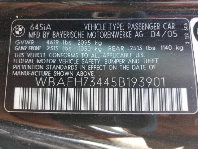 WBAEH73445B193901 - 2005 BMW 645 CI AUTOMATIC BLACK photo 12