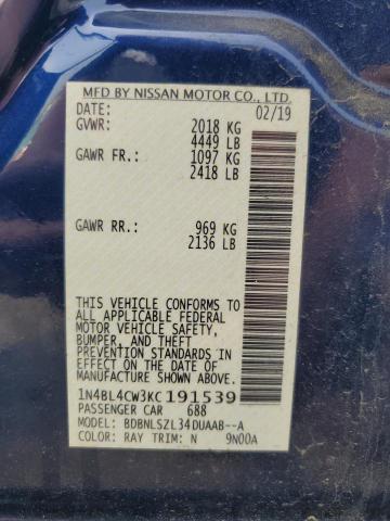 1N4BL4CW3KC191539 - 2019 NISSAN ALTIMA SR Կապույտ լուսանկար 12