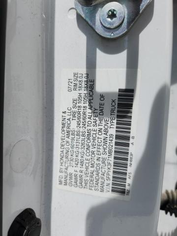 5FPYK3F71MB021439 - 2021 HONDA RIDGELINE RTL WHITE photo 12