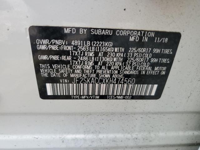 JF2SKACCXKH474560 - 2019 SUBARU FORESTER WHITE photo 12