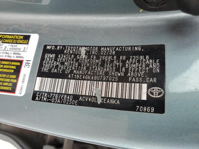 4T1BE46K49U797025 - 2009 TOYOTA CAMRY BASE TURQUOISE photo 12