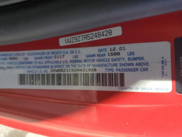 3VWBB21C92M431926 - 2002 VOLKSWAGEN NEW BEETLE GL 红色 照片 12