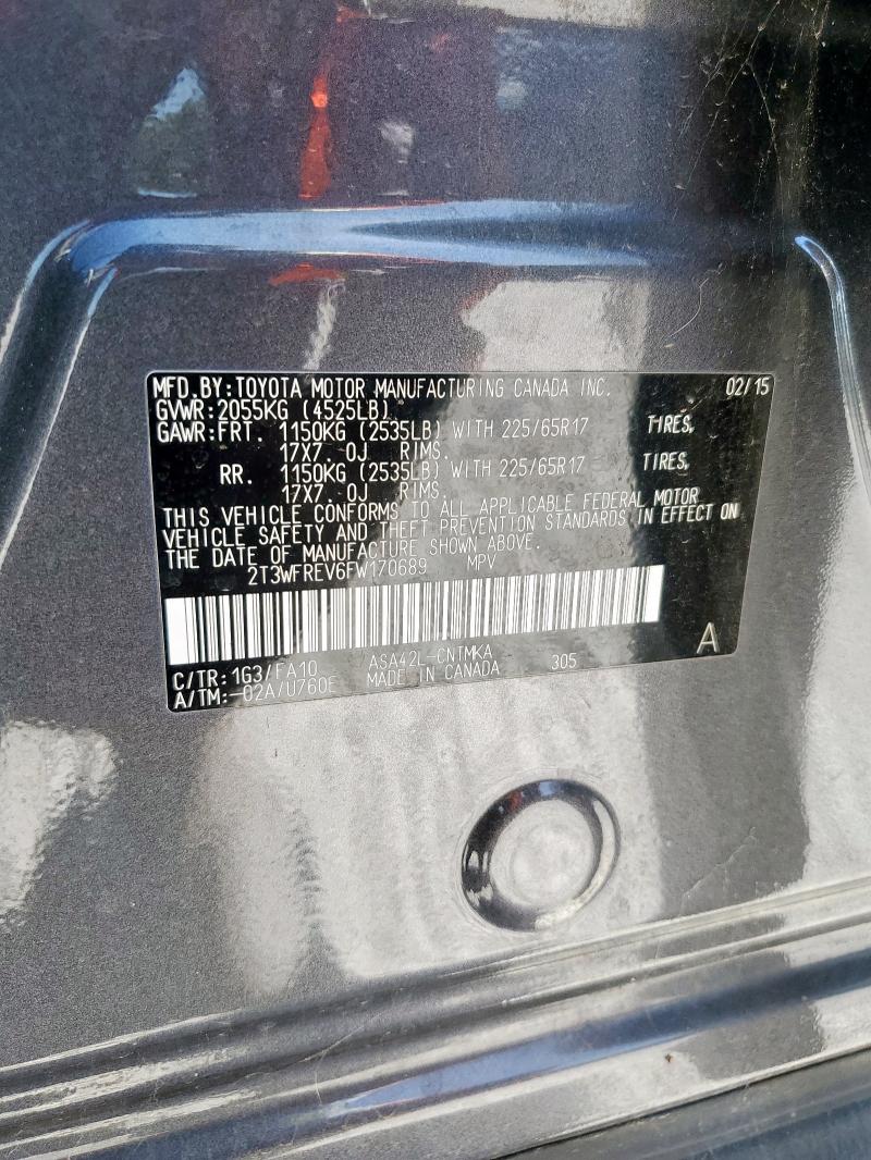 2T3WFREV6FW170689 - 2015 TOYOTA RAV4 XLE GRAY photo 13