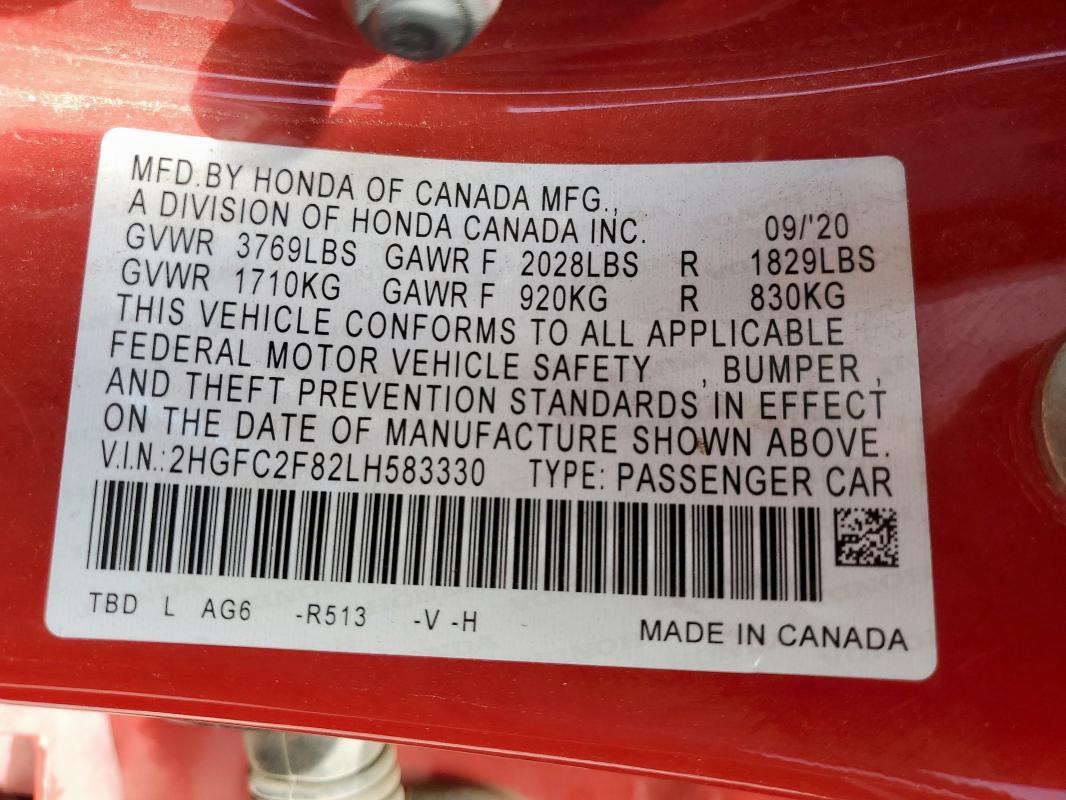 2HGFC2F82LH583330 - 2020 HONDA CIVIC SPORT RED photo 12