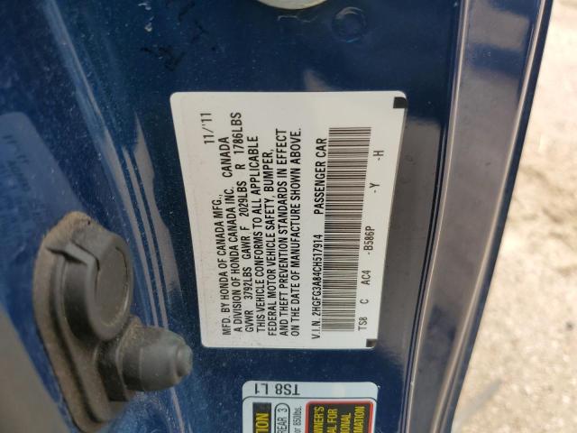 2HGFG3A84CH517914 - 2012 HONDA CIVIC EX BLUE photo 12