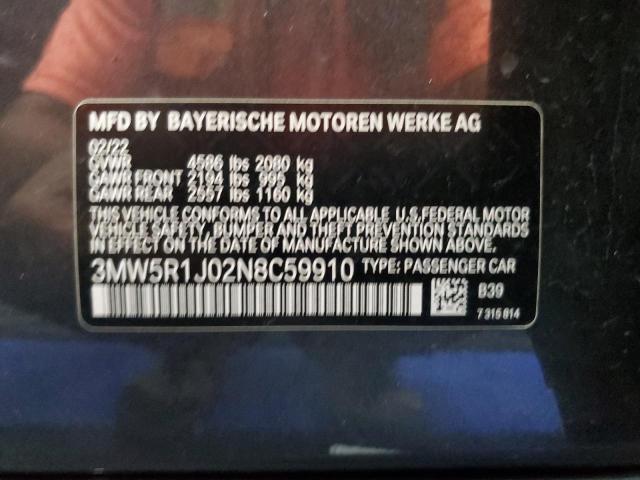 3MW5R1J02N8C59910 - 2022 BMW 330I GRAY photo 12